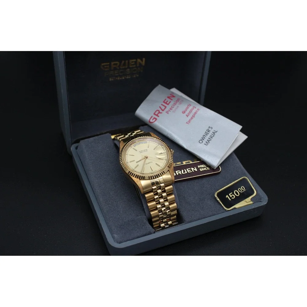 NOS Gruen Precision Quartz Day Date 36mm Box Papers Gold Tone Runs